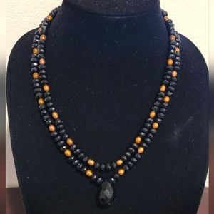 Black Beads and Gold Pearls double rows necklace Gold Tone New